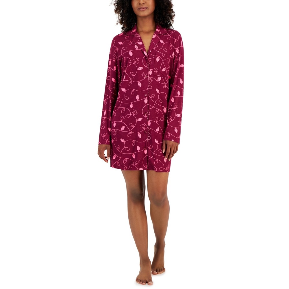 Jenni Women's Notched-Collar Long-Sleeve Sleepshirt Red Christmas Lights - XL
